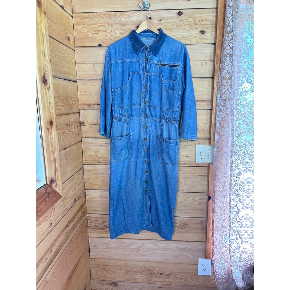 Vintage Denim Shirtdress Women Large Blue Utility Chore Midi Button Down 80s 90s